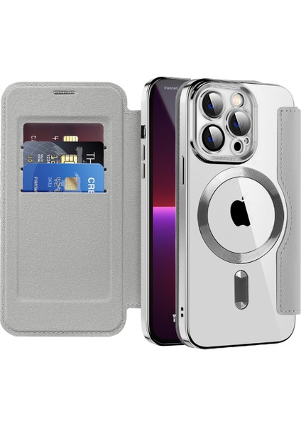 iPhone13 Pro 6.1 Inç Magsafe Rfıd Engelleme Kart Yuvaları ile Uyumlu Şok-Emme Pu Deri+Tpu Elektrokaplama Lens Film-Silver ile Temiz Arka Flip Kılıf (Yurt Dışından)