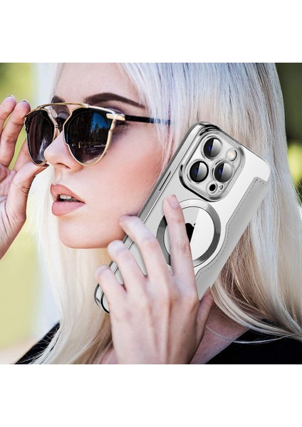 iPhone13 Pro 6.1 Inç Magsafe Rfıd Engelleme Kart Yuvaları ile Uyumlu Şok-Emme Pu Deri+Tpu Elektrokaplama Lens Film-Silver ile Temiz Arka Flip Kılıf (Yurt Dışından)