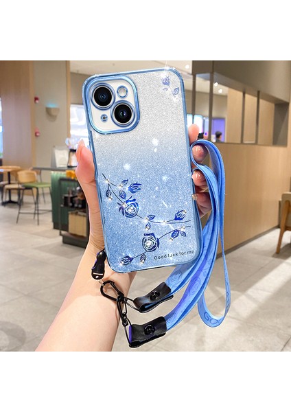 iPhone14 Plus Içintpu Telefon Kapağı Plus Çiçek Tasarımı Rhinestone Glitter Şok Geçirmez Kılıf Strap-Blue (Yurt Dışından)