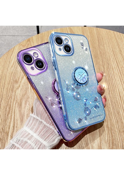 iPhone13 Için Cep Telefonu Kasası 6.1 Inç Yüzük Kickstand Çiçek Deseni Parıltılı Yumru Geçirmez Tpu Kapak-Mavi (Yurt Dışından) modelleri