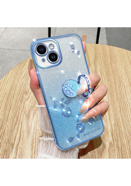 iPhone13 Için Cep Telefonu Kasası 6.1 Inç Yüzük Kickstand Çiçek Deseni Parıltılı Yumru Geçirmez Tpu Kapak-Mavi (Yurt Dışından) fırsatları