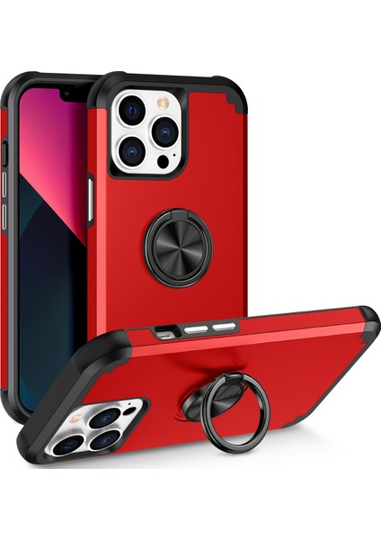 iPhone13 Pro Max Maksimum Back Cover Finger Ring Tutucu Pc+Tpu Telefon Koruyucu Kılıf Kırmızı (Yurt Dışından)