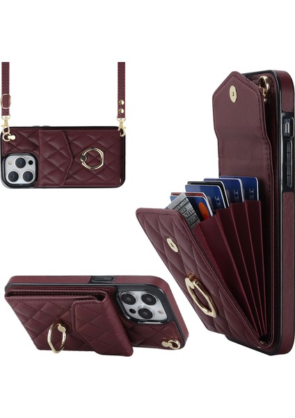 iPhone13 Pro 6.1 Inç Için Rfıd Engelleme Pu Deri+Tpu Telefon Kılıfı Çoklu Kart Yuvaları Yüzük Kickstand Cover-Wine Kırmızı (Yurt Dışından)