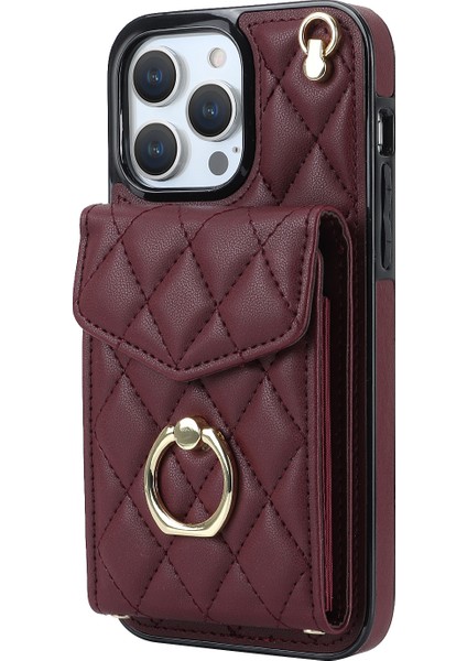 iPhone13 Pro 6.1 Inç Için Rfıd Engelleme Pu Deri+Tpu Telefon Kılıfı Çoklu Kart Yuvaları Yüzük Kickstand Cover-Wine Kırmızı (Yurt Dışından)