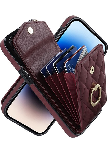 iPhone13 Pro 6.1 Inç Için Rfıd Engelleme Pu Deri+Tpu Telefon Kılıfı Çoklu Kart Yuvaları Yüzük Kickstand Cover-Wine Kırmızı (Yurt Dışından)