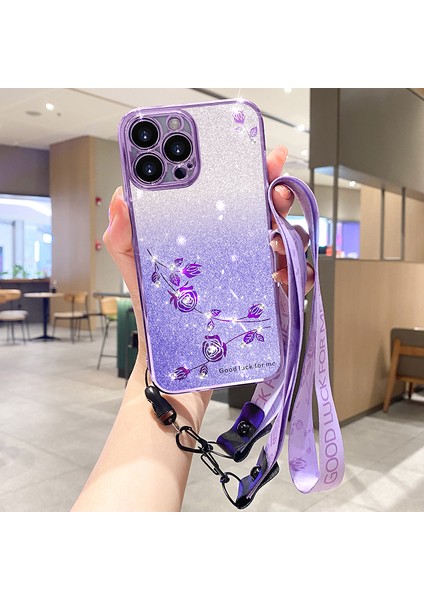 iPhone13 Pro 6.1 Inç Çiçek Tasarımı Glitter Rhinestone Dekor Telefon Kılıfı ile Damla Kanıtı Tpu Telefon Kapağı Kayış-Doğru (Yurt Dışından)