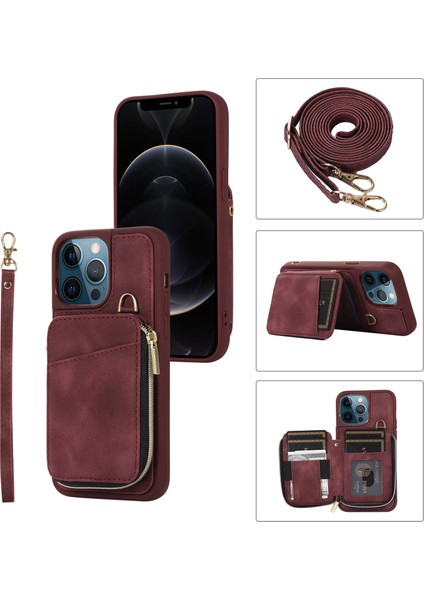 iPhone12 Pro Max Cep Telefon Kılıfı Strap Pu Deri+Tpu Kickstand Cover-Wine Red ile (Yurt Dışından)