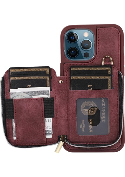 iPhone12 Pro Max Cep Telefon Kılıfı Strap Pu Deri+Tpu Kickstand Cover-Wine Red ile (Yurt Dışından)
