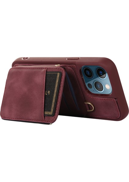 iPhone12 Pro Max Cep Telefon Kılıfı Strap Pu Deri+Tpu Kickstand Cover-Wine Red ile (Yurt Dışından)