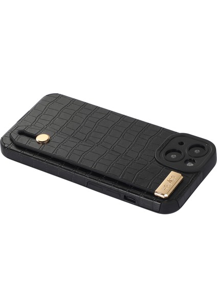 iPhone14 Plus Içinplus Case Timsah Doku Deri+Tpu Telefon Kapağı Bileklik Kickstand-Black (Yurt Dışından)