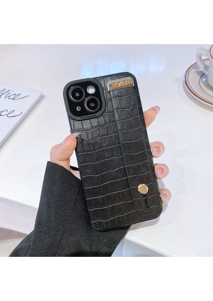 iPhone14 Plus Içinplus Case Timsah Doku Deri+Tpu Telefon Kapağı Bileklik Kickstand-Black (Yurt Dışından)