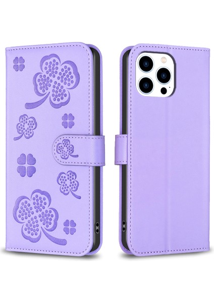 iPhone13 Pro Pu Deri Kılıf Için Baskılı Yonca Desen Flip Cüzdan Telefon Kapak Morası (Yurt Dışından)