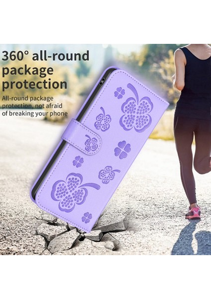 iPhone13 Pro Pu Deri Kılıf Için Baskılı Yonca Desen Flip Cüzdan Telefon Kapak Morası (Yurt Dışından)