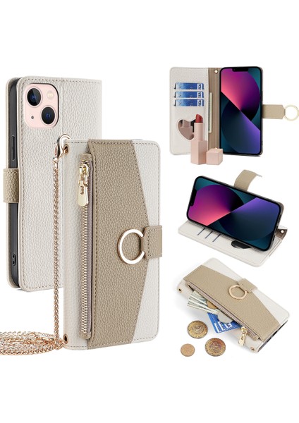 iPhone13 Için 6.1 Inç Kasa Pu Deri Cüzdan Koruyucu Kapak Crossbody Omuz Askısı-Beyaz (Yurt Dışından)