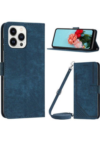 iPhone15 Pro Max Hatları Için Baskılı Cüzdan Telefon Kılıfı Stand Deri Kapak Omuz Askılı Sapfir (Yurt Dışından)