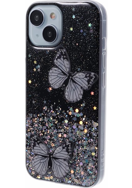 iPhone14 Case Için Sparkle Epoksi Kelebek Dekor Tpu+Pvc Telefon Geri Kabuk Black (Yurt Dışından)