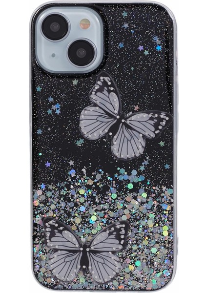 iPhone14 Case Için Sparkle Epoksi Kelebek Dekor Tpu+Pvc Telefon Geri Kabuk Black (Yurt Dışından) modelleri
