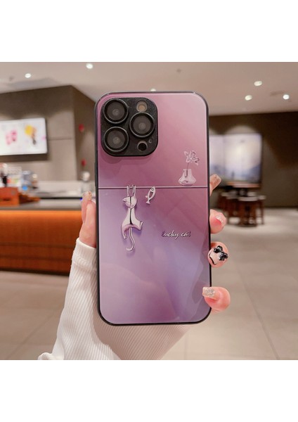 iPhone13 Pro Vaka Için Düşme Geçirmez Elektrokaplanmış Kedi Balık Temsilli Cam+Tpu Telefon Kapak-Morası (Yurt Dışından)