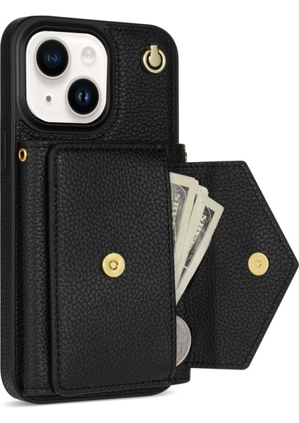 iPhone14 Plus Case Organ Kartı Çantası Için Iyi Korunmuş Pu Deri+Tpu Kabuğu Omuz Kayışı Black (Yurt Dışından)