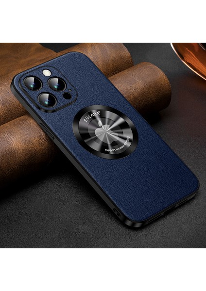 iPhone13 Pro 6.1 Inç Anti-Drop Telefon Kapağı Magsafe Cowhide Doku ile Uyumlu Pu Deri Kaplamalı Tpu Kasa Mavisi (Yurt Dışından)
