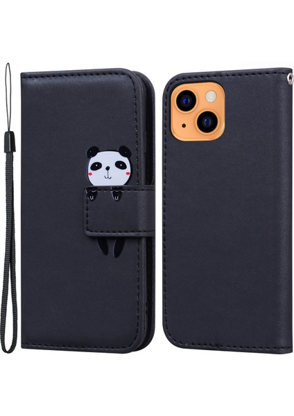 iPhone13 6.1 Inç Karikatür Hayvan Desen Cep Telefonu Kılıfı Strap Pu Deri+Tpu Kapak-Siyah (Yurt Dışından)