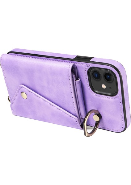 iPhone11 Kart Çantası Için Ring Kickstand Kapağı Litchi Doku Deri+Tpu Omuz Askılı Mor ile Telefon Kılıfı (Yurt Dışından)