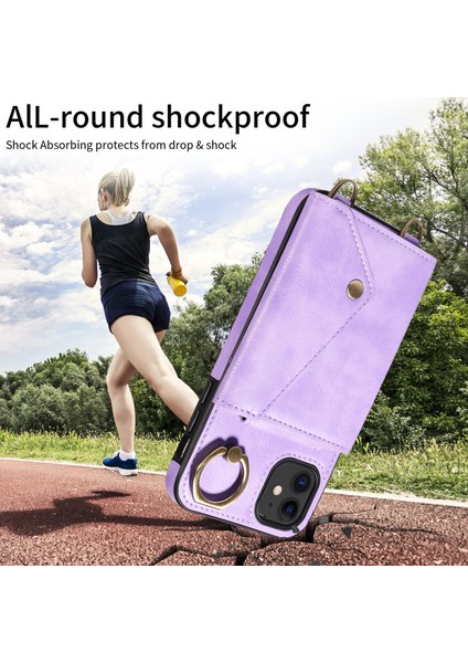 iPhone11 Kart Çantası Için Ring Kickstand Kapağı Litchi Doku Deri+Tpu Omuz Askılı Mor ile Telefon Kılıfı (Yurt Dışından)