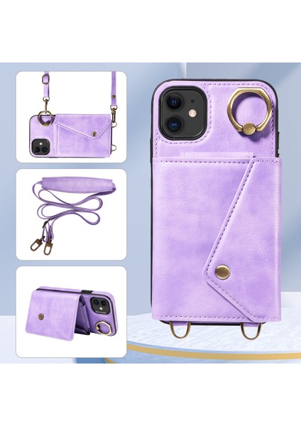iPhone11 Kart Çantası Için Ring Kickstand Kapağı Litchi Doku Deri+Tpu Omuz Askılı Mor ile Telefon Kılıfı (Yurt Dışından)