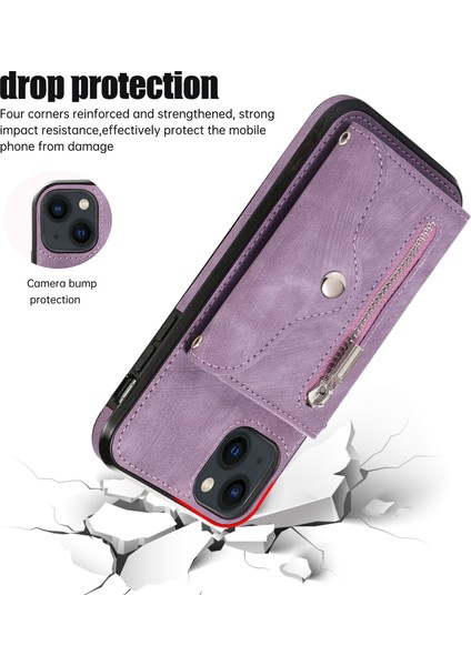 iPhone13 Mini 5.4 Inç Kasa Fermuarı Pa Pu Deri+Tpu Rfıd Engelleme Kart Yuvaları 2 Kayış-Mor ile Örtü (Yurt Dışından)