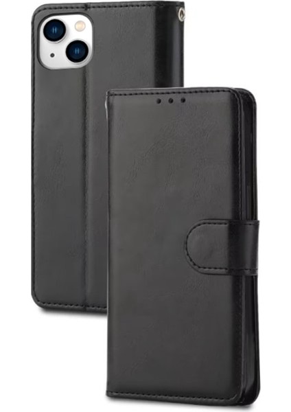 iPhone15 Plus Için Artı Flip Cüzdan Standı Koruyucu Telefon Kapağı Telefon Kasası Çılgın At Dokusu Pu Deri Kabuk-Black (Yurt Dışından)