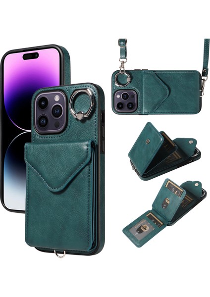 iPhone14 Pro Max Case Crossbody Pu Deri+Tpu Ring Kickstand Cep Telefonu Kapak Yeşili (Yurt Dışından)