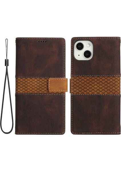 iPhone15 Plus Cüzdan Stand Telefon Kapağı Strap-Brown ile Izgara Ekleme Telefon Deri Kılıfı (Yurt Dışından)
