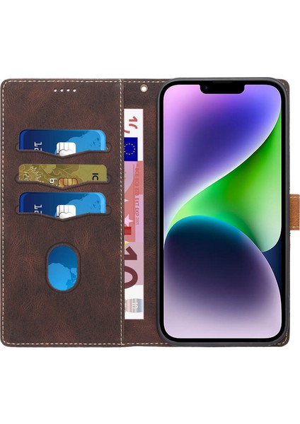 iPhone15 Plus Cüzdan Stand Telefon Kapağı Strap-Brown ile Izgara Ekleme Telefon Deri Kılıfı (Yurt Dışından)