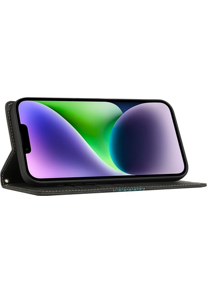 iPhone15 Plus Cüzdan Stand Telefon Kapağı Strap-Brown ile Izgara Ekleme Telefon Deri Kılıfı (Yurt Dışından)