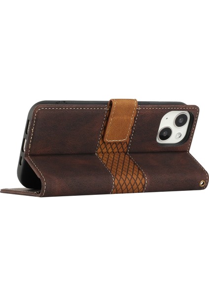 iPhone15 Plus Cüzdan Stand Telefon Kapağı Strap-Brown ile Izgara Ekleme Telefon Deri Kılıfı (Yurt Dışından)