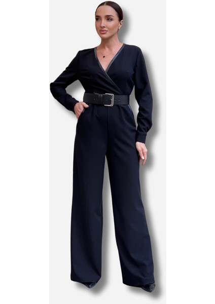 Kadın Kruvaze Yaka Deri Biye Detaylı Kemerli Krep Bol Paça Tasarım Tulum