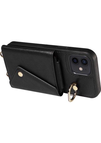iPhoneIçin Telefon Kabuğu 12/12 Pro 6.1 Inç Yüzük Kickstand Litchi Doku Deri+Tpu Kart Çanta Kılıfı Omuz Kayışı Black (Yurt Dışından)