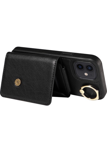 iPhoneIçin Telefon Kabuğu 12/12 Pro 6.1 Inç Yüzük Kickstand Litchi Doku Deri+Tpu Kart Çanta Kılıfı Omuz Kayışı Black (Yurt Dışından)
