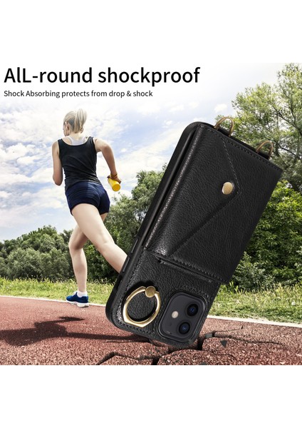iPhoneIçin Telefon Kabuğu 12/12 Pro 6.1 Inç Yüzük Kickstand Litchi Doku Deri+Tpu Kart Çanta Kılıfı Omuz Kayışı Black (Yurt Dışından)