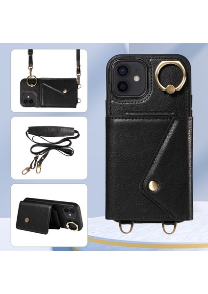 iPhoneIçin Telefon Kabuğu 12/12 Pro 6.1 Inç Yüzük Kickstand Litchi Doku Deri+Tpu Kart Çanta Kılıfı Omuz Kayışı Black (Yurt Dışından)