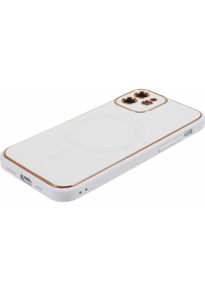 iPhone12 Manyetik Kasa Için Magsafe Pu Deri Kaplamalı Tpu+Pc Elektraplatma Telefon Kapak-Beyaz (Yurt Dışından)