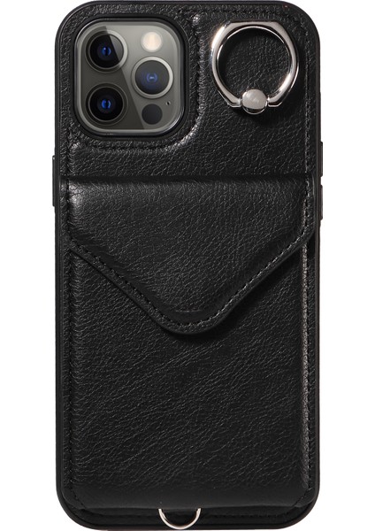 iPhone12 Pro Max Telefon Kasası Crossbody Strap Pu Deri Kickstand Sırt Kapak Black (Yurt Dışından) fiyatları