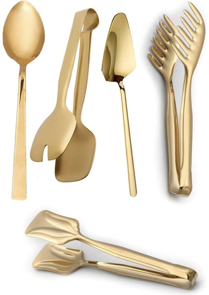 5'li Lüx Gold Servis Maşa Pasta Spatula Set