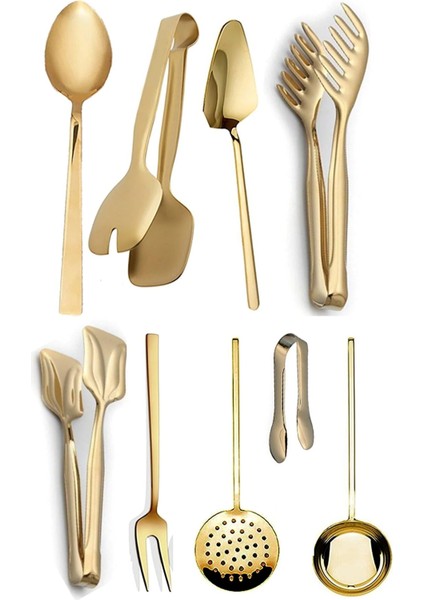 9 Parça Lüx Gold Çelik Şık Servis Sunum Seti, Pasta, Salata, Makarna Maşa, Kepçe Seti