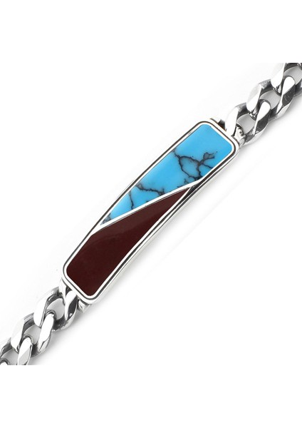 Erkek Gümüş 925 Akik ve Turkuaz Bileklik 6x2.5mm x 22 cm