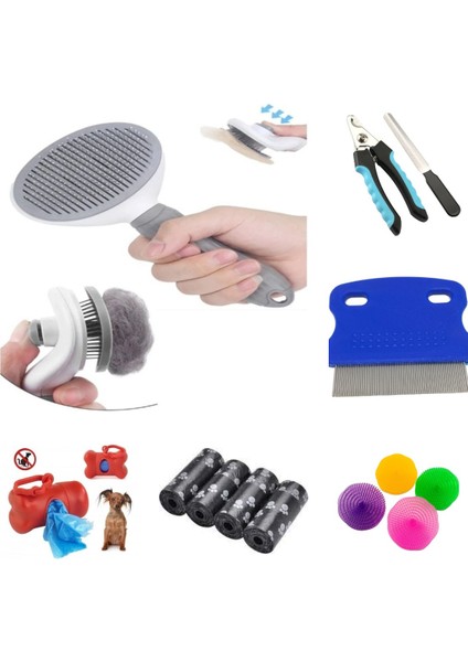 (EH2) Evcil Hayvan Tüy Toplayıcı Tarak,Tırnak Makası,Törpü,Bit Tarağı,Yıkama Fırçası,Dışkı Poşeti Ve Çantası