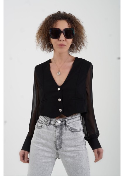 Siyah Yelek Detaylı Organze Kol Gömlek modelleri