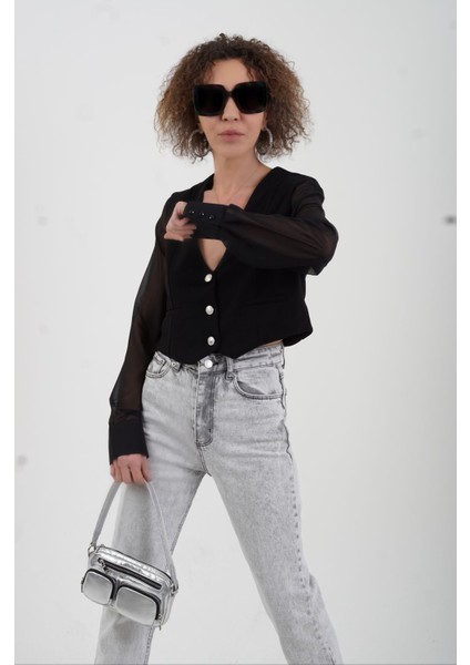 Siyah Yelek Detaylı Organze Kol Gömlek indirimleri