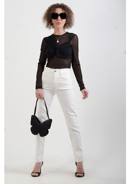 Ekru Yüksek Bel Likralı Slim Fit Jean Pantolon