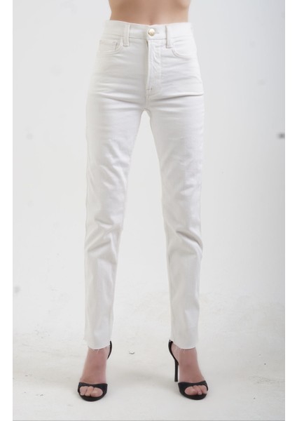 Ekru Yüksek Bel Likralı Slim Fit Jean Pantolon